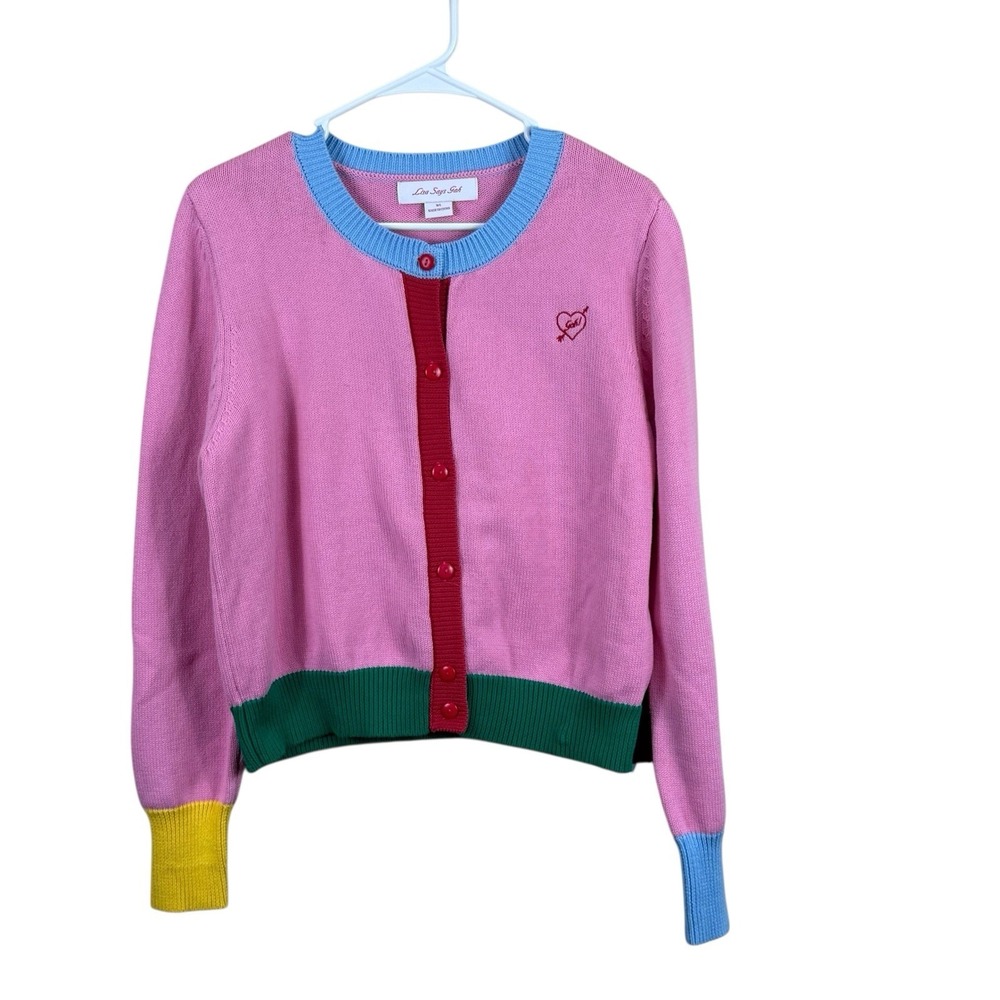 Lisa Says Gah Pink Cardigan with Green and Red Accents - Picture 2 of 8